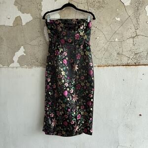 Lulus‎ Floral Midi Dress Black Satin Strapless Jacquard Brocade Cocktail Evening